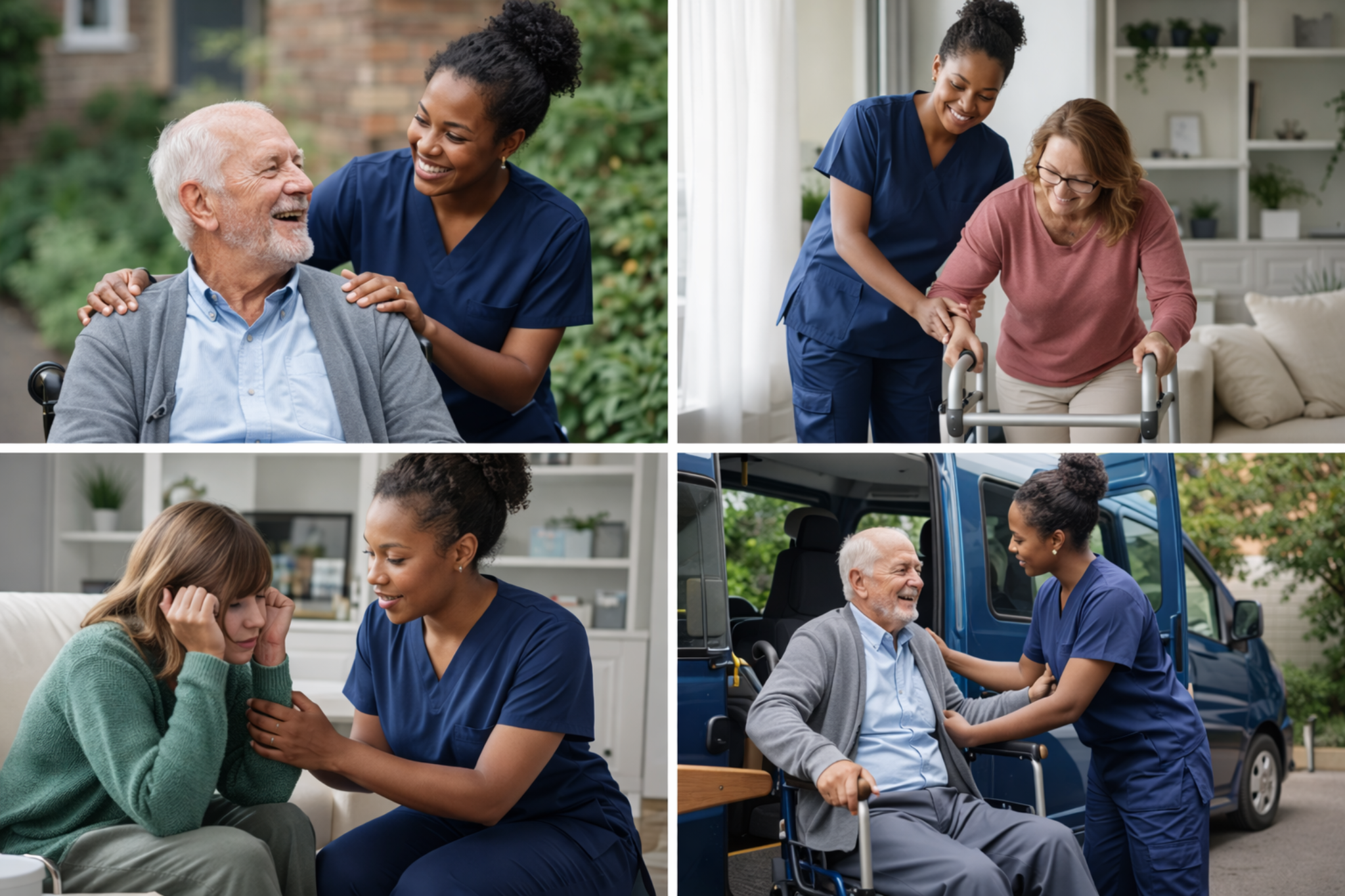 Support worker smiling with an older person using a wheelchair.