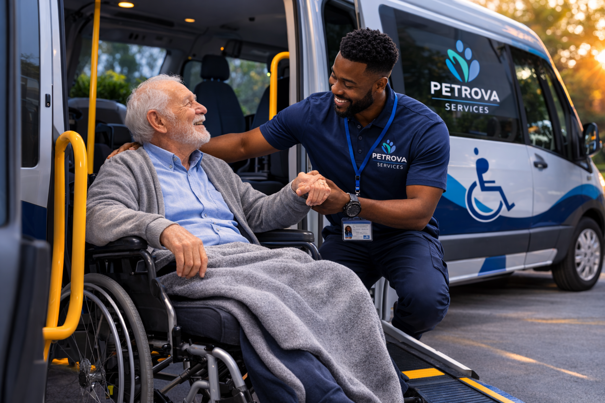 Support worker helping an older person into an accessible transport van.